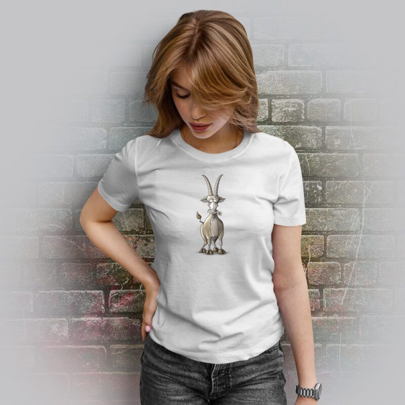 Funnyfriend Damen T-Shirt Steinbock lacht weiß